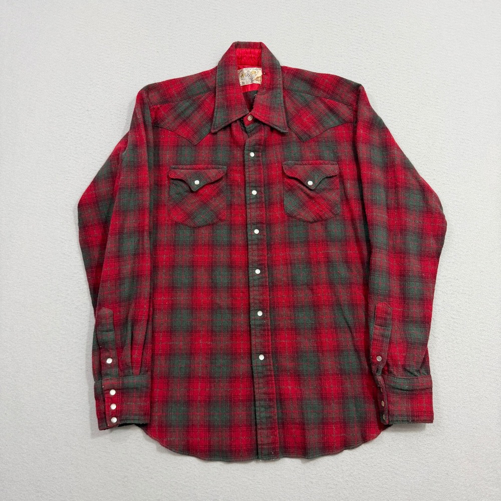 Vintage Herters Hudson Bay Flannel Shirt Mens 16 Red Plaid Pearl Snap Wool Blend
